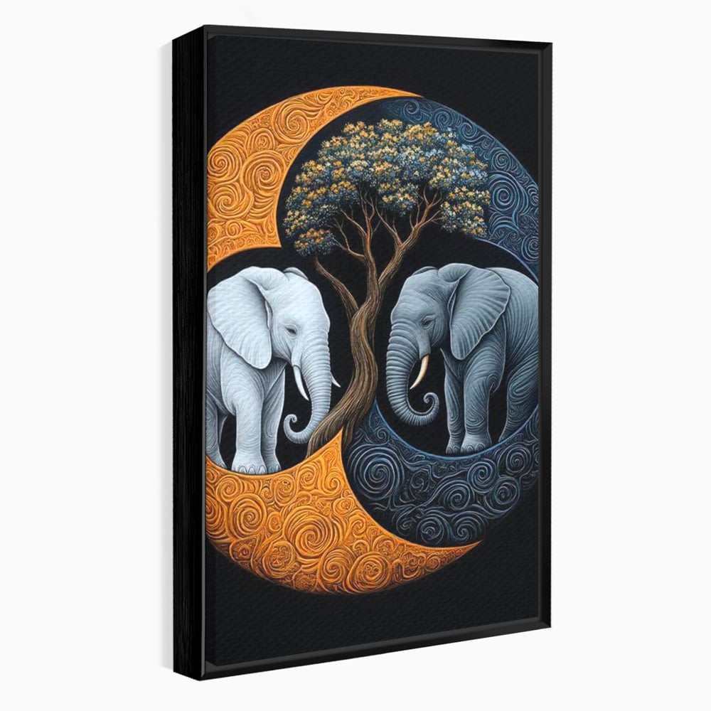 Tablou canvas cu tablou canvas cu elefanti si yin si yang, in rama de aluminiu negru